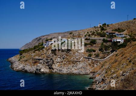 Luxus-Ferienhäuser auf der Insel Hydra in Griechenland im Sommer Stockfoto
