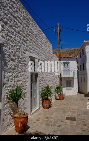 Backstreets auf der Insel Hydra in Griechenland im Sommer Stockfoto