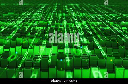 Cyber-Technologie 3D Abbildung. Digitale Datenfelder und binäre Codeelemente. Futuristischer Cyberspace globaler Computernetzwerke Stockfoto