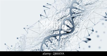DNA-Helix 3D-Abbildung. Mutationen unter dem Mikroskop. Entschlüsselung des Genoms. Virtuelle Modellierung chemischer Prozesse. Hightech in der Medizin Stockfoto