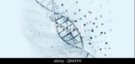 DNA-Helix 3D-Abbildung. Mutationen unter dem Mikroskop. Entschlüsselung des Genoms. Virtuelle Modellierung chemischer Prozesse. Hightech in der Medizin Stockfoto