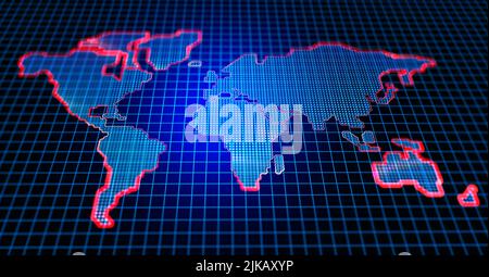 Karte der Kontinente, High-Tech 3D Illustration. Globalisierung der Kommunikation, planetarisches Netzwerk, Analyse von Welttrends. Big-Data-Cyberspace Stockfoto