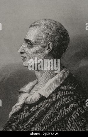 Montesquieu (1689-1755). Französischer Philosoph. Hochformat. Gravur von Geoffroy. „Historia Universal“, von César Cantú. Band VIII. 1858. Autor: Charles Geoffroy (1819-1882). Französischer Gravierer. Stockfoto