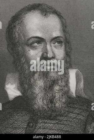 Galileo Galilei (1564-1642). Italienischer Astronom, Mathematiker und Physiker. Hochformat. Gravur von Geoffroy. „Historia Universal“, von César Cantú. Lautstärke V. 1856. Autor: Charles Geoffroy (1819-1882). Französischer Gravierer. Stockfoto