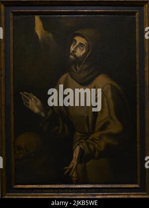 Franz von Assisi (1181-1226). Gründer des Franziskanerordens. Die Ekstase des hl. Franz von Assisi, ca. 1685, von Blas Muñoz (1626-1700). Öl auf Leinwand. El Greco Museum. Toledo, Spanien. Autor: Blas Muñoz (1626-1700). Spanischer Maler. Stockfoto