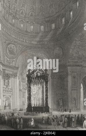 Petersdom In Vatikanstadt. Innenraum des Mittelschiffs mit dem Baldachin des heiligen Petrus, von Bernini. Gravur. „Historia Universal“, von César Cantú. Lautstärke V. 1856. Stockfoto