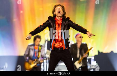 Stockholm, Schweden. 31.. Juli 2022. Mick Jagger von den Rolling Stones konzertiert am 31. Juli 2022 in der Friends Arena in Stockholm, Schweden. Foto von Robert Eklund/Stella Pictures/ABACAPRESS.COM Quelle: Abaca Press/Alamy Live News Stockfoto