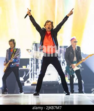 Stockholm, Schweden. 31.. Juli 2022. Mick Jagger von den Rolling Stones konzertiert am 31. Juli 2022 in der Friends Arena in Stockholm, Schweden. Foto von Robert Eklund/Stella Pictures/ABACAPRESS.COM Quelle: Abaca Press/Alamy Live News Stockfoto