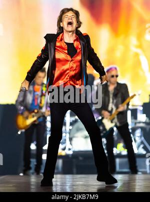 Stockholm, Schweden. 31.. Juli 2022. Mick Jagger von den Rolling Stones konzertiert am 31. Juli 2022 in der Friends Arena in Stockholm, Schweden. Foto von Robert Eklund/Stella Pictures/ABACAPRESS.COM Quelle: Abaca Press/Alamy Live News Stockfoto