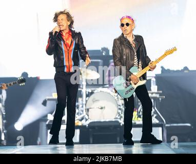 Stockholm, Schweden. 31.. Juli 2022. Ronnie Wood, Mick Jagger und Keith Richards von den Rolling Stones treten am 31. Juli 2022 in Stockholm, Schweden, in einem Konzert in der Friends Arena auf. Foto von Robert Eklund/Stella Pictures/ABACAPRESS.COM Quelle: Abaca Press/Alamy Live News Stockfoto