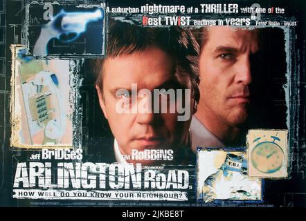 Tim Robbins & Jeff Bridges Poster Film Arlington Road (1999) Regie: Mark Pellington 19. März 1999 **WARNUNG** dieses Foto ist nur für redaktionelle Zwecke bestimmt und unterliegt dem Urheberrecht von LAKESHORE ENTERTAINMENT und/oder dem von der Film or Production Company beauftragten Fotografen und kann nur durch Veröffentlichungen in Verbindung mit der Werbung für den oben genannten Film reproduziert werden. Ein obligatorischer Gutschein für LAKESHORE ENTERTAINMENT ist erforderlich. Der Fotograf sollte ebenfalls angerechnet werden, wenn er bekannt ist. Ohne schriftliche Genehmigung der Film Company kann keine kommerzielle Nutzung gewährt werden. Stockfoto