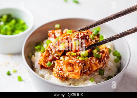 Koreanischer Tofu Dubu-Jorim – Schmorbraten mit würzigem Bohnenquark und Reis in einer grauen Schüssel, heller Hintergrund, Nahaufnahme. Asiatisches vegetarisches Speisekonzept. Stockfoto