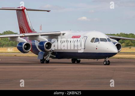 QinetiQ Avro RJ100, Ankunft beim Royal International Air Tattoo im Jahr 2022 für die statische Display-Reihe Stockfoto