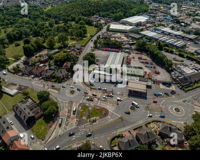 Luftaufnahme des Smallthorne Roundabout Roadwork Chaos 2022. August, aus der Luft, Vogelperspektive Stoke-on-Trent Staffordshire Stoke Stockfoto