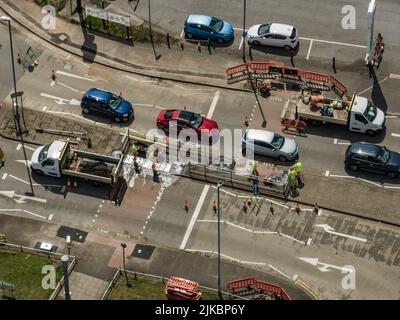 Luftaufnahme des Smallthorne Roundabout Roadwork Chaos 2022. August, aus der Luft, Vogelperspektive Stoke-on-Trent Staffordshire Stoke Stockfoto