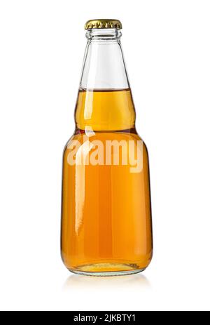 Gelbe Glasbierflasche isoliert auf Weiß mit Schneideweg Stockfoto
