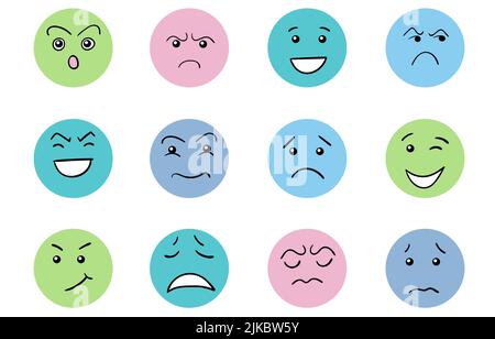 Cartoon nette und lustige Gesichter mit positiven und negativen Emotionen. Comic-Karikaturfiguren mit Augen und Mund. Handgezeichnetes Mimik-Set. Stock Vektor