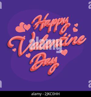 3D Pfirsich Happy Valentine Day Schriftart mit Herzen auf violettem Hintergrund. Stock Vektor