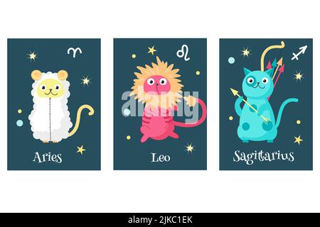 Vektor-Set von Katze Astrologie Sternzeichen Karten. Widder, Löwe, Schütze astrologische Zeichen. Katzenhoroskop. Stock Vektor