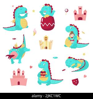 Niedliche Drachen Symbol-Set, Vektor-Illustration isoliert auf weißem Hintergrund. Märchenhafte mittelalterliche Zeichentrickfigur. Lustige mythische Kreatur halten Kuchen und Stock Vektor