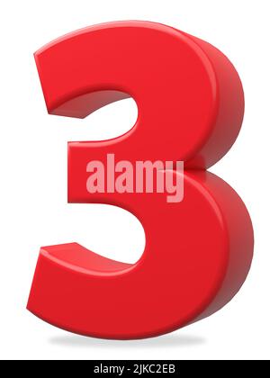 Rote Zahl 3 auf isoliertem weißem Hintergrund. 3D Abbildung, Rendern. Stockfoto