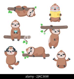 Niedliches Faultier-Icon-Set. Vektordarstellung auf weißem Hintergrund isoliert. Lustige faule Faultiere hängen kopfüber vom Ast, schlafen, lesen Buch, Liste Stock Vektor