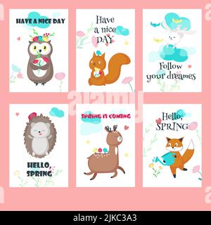 Vektor-Set von Frühlingskarten mit Waldtieren und inspirierenden Zitaten. Niedlichen Hasen, Igel, Hirsch, Eule, Fuchs, Eichhörnchen und Bär mit Vögeln, Sprotte Stock Vektor