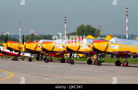 30. August 2019, Region Moskau, Russland. Sport- und Trainingsflugzeuge Yak-52 und Yak-54 der Kunstfluggruppe 'First Flight' auf der Start- und Landebahn des Flugzeugs Stockfoto