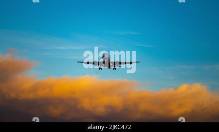 Die Silhouette eines Passagierflugzeugs, das vor dem Hintergrund des Sonnenuntergangs landet. Stockfoto