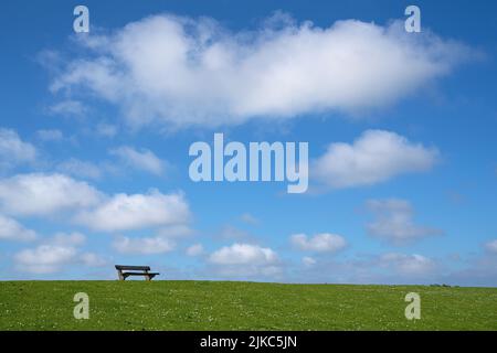 Panoramabild der Landschaft entlang der Deiche von Pellworm, Nordfriesland, Deutschland Stockfoto