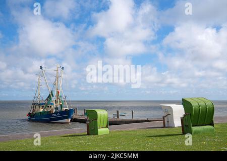 Panoramabild der Landschaft entlang der Deiche von Pellworm mit Liegestühlen, Nordfriesland, Deutschland Stockfoto