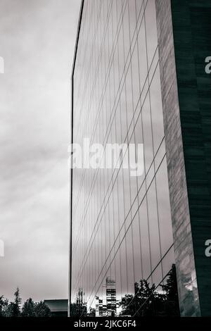 Eine vertikale Graustufenaufnahme eines hochmodernen Stadtgebäudes unter grauem Himmel Stockfoto