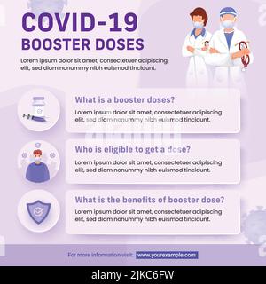 Covid-19 Booster-Dosen Verwandte Fragen Und Antworten Mit Arztzeichen Auf Violettem Hintergrund. Awareness Poster Oder Template Design. Stock Vektor