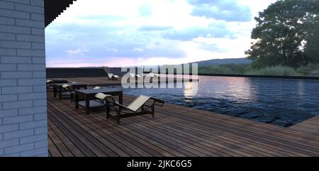 Außenterrasse auf dem Dach eines luxuriösen Landhauses. Liegestühle, Pool und Holzterrasse. Blick auf die Steppenlandschaft. 3D Rendern. Stockfoto