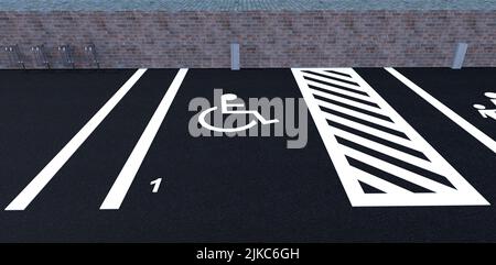 Straßenmarkierung. Behindertenparkplatz. Gummipuffer. Leuchtende weiße Farbe. 3D Rendern. Stockfoto