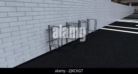 Fahrradparkplatz aus Stahl. Insgesamt gibt es vier Parkplätze. Schwarzer Asphalt und weiße Ziegelmauer. Parkplatz in der Nähe. 3D Rendern. Stockfoto