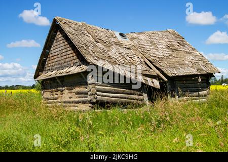 Ein verfallenes verlassenes altes Gebäude in einem überwucherten Feld. Stockfoto