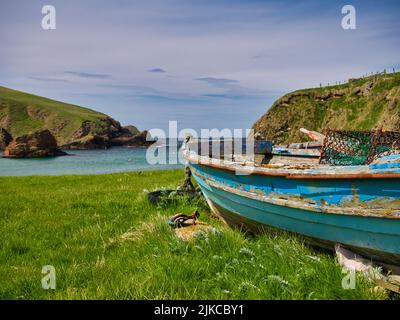 Ein altes, verlassenes, blaues Fischerboot aus Holz in der Nähe eines Strandes im Süden von Shetland, Großbritannien. Verwitterte Ruder und ein rostfreier Felsspieler sind an Bord zu sehen. Stockfoto