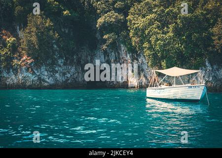 Eine malerische Aussicht auf ein Boot auf dem See, das aus der von Bäumen bedeckten Höhle herauskommt Stockfoto