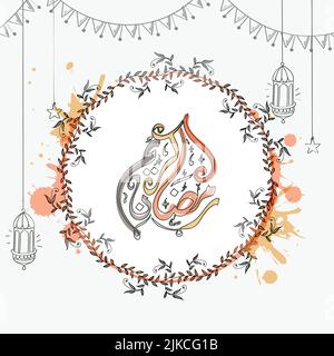 Arabische Kalligraphie Von Ramadan Kareem Innen Blätter Runden Rahmen Mit Doodle Laternen, Stern Und Bunting Flagge Auf Weißem Hintergrund. Stock Vektor