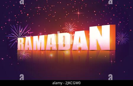 3D Ramadan-Text mit Schatteneffekt, Feuerwerk auf Lichteffekt Lila Hintergrund. Stock Vektor