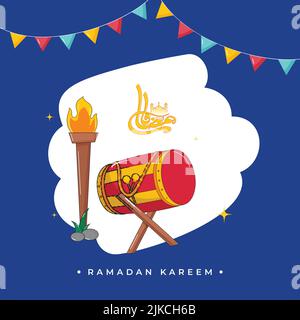 Gelbe Arabische Kalligraphie Von Ramadan Kareem Mit Feuerfackel, Dhol Instrument Über Ständer, Bunting Flags Auf Weißem Und Blauem Hintergrund. Stock Vektor