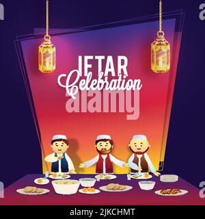 Ramadan Kareem, Iftar Party Einladungskarte mit Illustration von muslimischen Männern, die leckeres Essen genießen. Stock Vektor