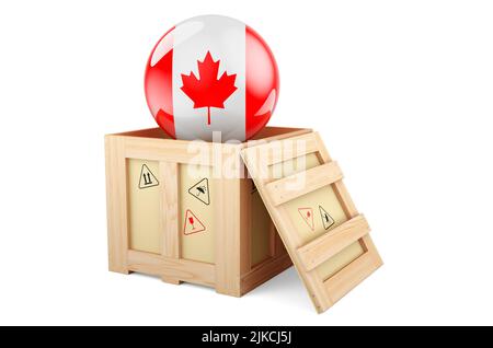 Holzkiste, Paket mit kanadischer Flagge. Versand und Lieferung in Kanada, Konzept. 3D Darstellung isoliert auf weißem Hintergrund Stockfoto