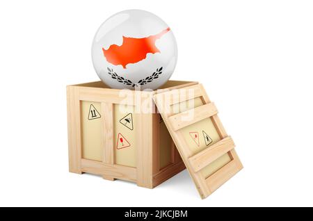 Holzkiste, Paket mit zypriotischer Flagge. Versand und Lieferung in Zypern, Konzept. 3D Darstellung isoliert auf weißem Hintergrund Stockfoto