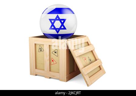 Holzkiste, Paket mit israelischer Flagge. Versand und Lieferung in Israel, Konzept. 3D Darstellung isoliert auf weißem Hintergrund Stockfoto