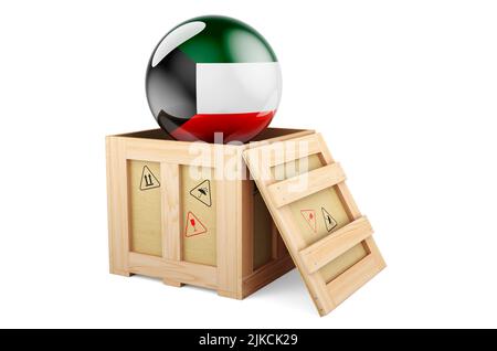 Holzkiste, Paket mit kuwaitischer Flagge. Versand und Lieferung in Kuwait, Konzept. 3D Darstellung isoliert auf weißem Hintergrund Stockfoto