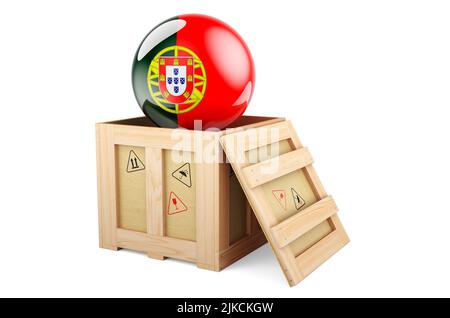 Holzkiste, Paket mit portugiesischer Flagge. Versand und Lieferung in Portugal, Konzept. 3D Darstellung isoliert auf weißem Hintergrund Stockfoto