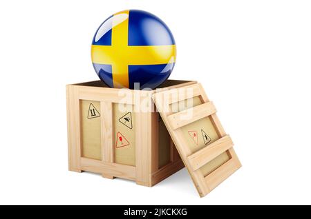 Holzkiste, Paket mit schwedischer Flagge. Versand und Lieferung in Schweden, Konzept. 3D Darstellung isoliert auf weißem Hintergrund Stockfoto