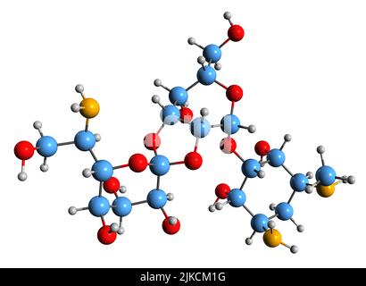 3D Bild der Skelettformel Hygromycin B - molekularchemische Struktur eines Antibiotikums auf weißem Hintergrund isoliert Stockfoto